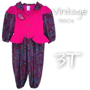 Vintage 80s Girls Epic Corduroy Peplum Jumper Outfit 3T
